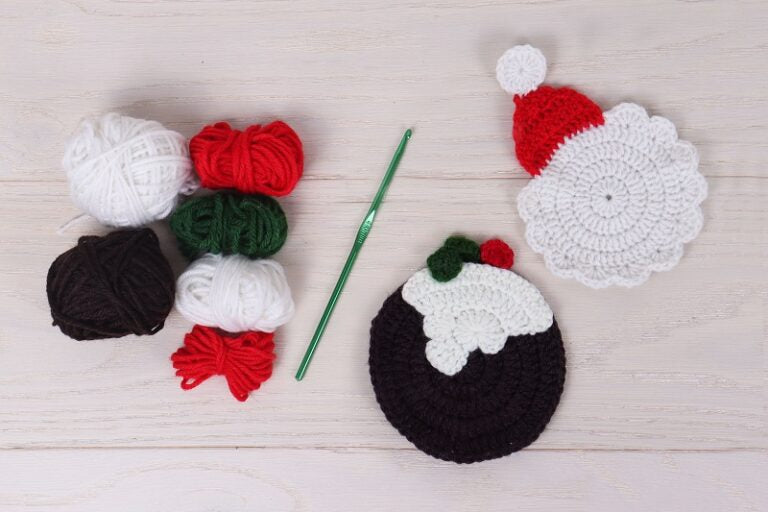 Make Your Own Crochet Coasters - Santa and Christmas Pudding is available to purchase from The Knit Lounge UK knit shop