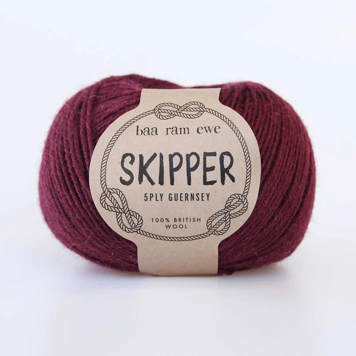 Baa Ram Ewe Skipper 5ply Guernsey in Biscay Maroon from The Knit Lounge.